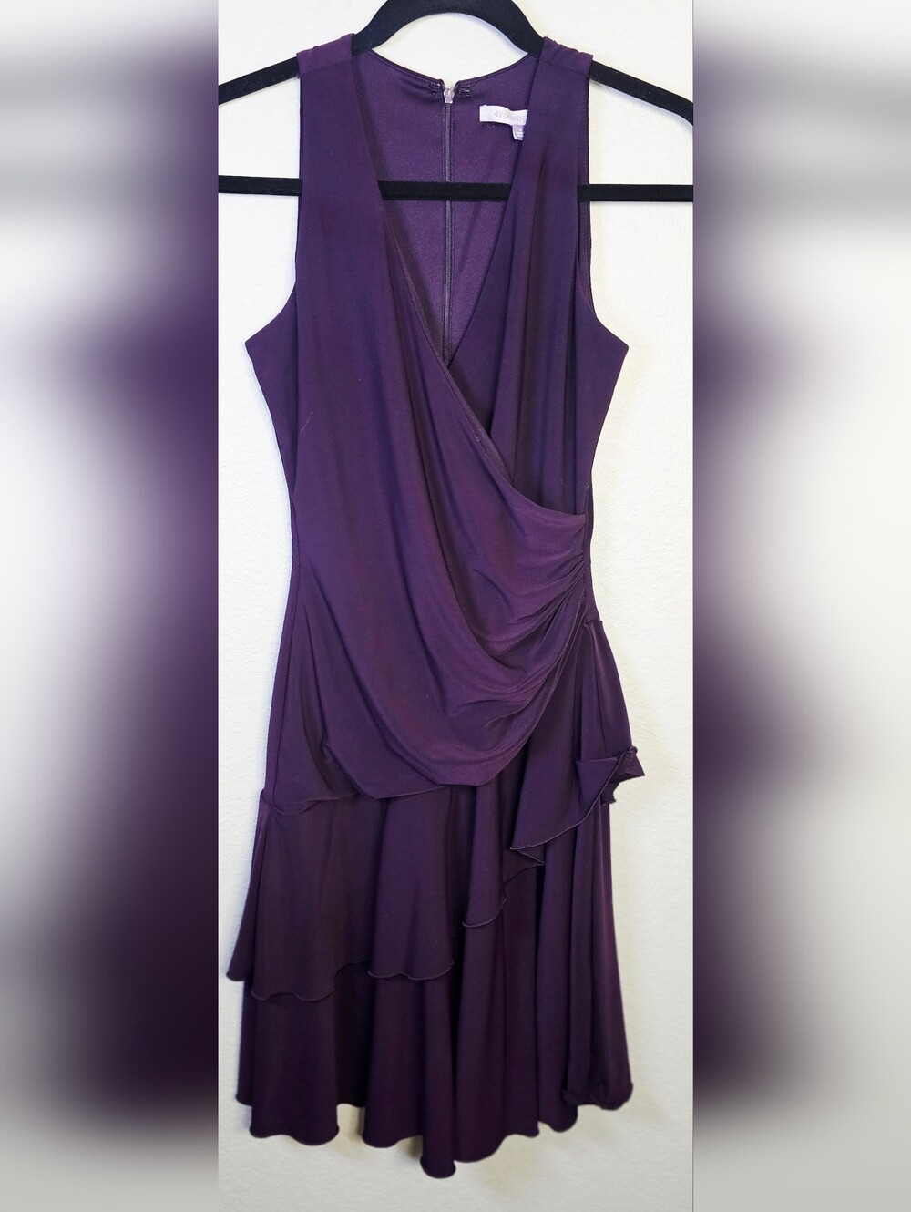 Carmen Marc Valvo Plum Draped Ruffle Cocktail Dress Size 4